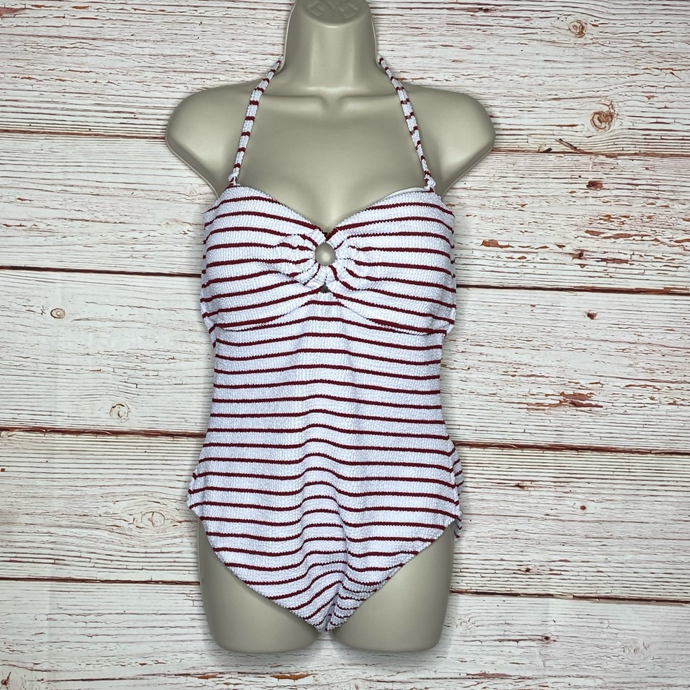 New J Crew Scrunchie Ring Bandeau One Piece Swimsuit in Red White Stripe… - Picture 2 of 13